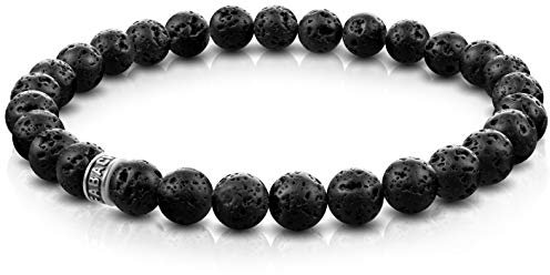 FABACH Lava Perlenarmband mit 6mm Edelstein-Perlen und 925 Sterling Silber Logo-Perle - Edles Naturstein Stretch-Armband für Damen (Schwarz)