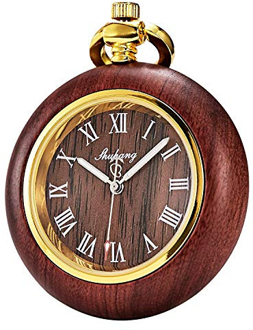 TREEWETO Holz Taschenuhr mit Kette Herren Analog Quarz Römische Ziffern | Quarzwerk, Offen, ohne Deckel, Steampunk, Vintage und Elegant, Geschenk zum Geburtstag, zur Hochzeit, zu Weihnachten
