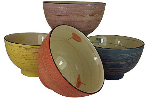 teeblume Asiatisches Schalen-Set Junsuina, bunt, 8-TLG, Ø 12 cm, 7,5 cm hoch, ca. 320 ml, asiatisches Porzellan, traditionelles Japanisches Design, inkl. 4 Paar Essstäbchen und Geschenk-Verpackung