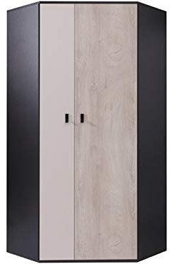 Furniture24 Eckkleiderschrank Planet PL-2, Schrank, 2 Türiger Eckschrank mit 5 Einlegeboden und 2 Kleiderstangen, Jugendschrank (Schwarz/Eiche/Beige)