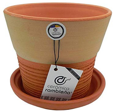 CERÁMICA RAMBLEÑA | Pots en Argile Rouge | Pots Décoratifs | Pots en céramique | Pots d'extérieur | Rustique-rayé | Décoration 100% Fait Main | 20x20x18cm | Plaque Incluse