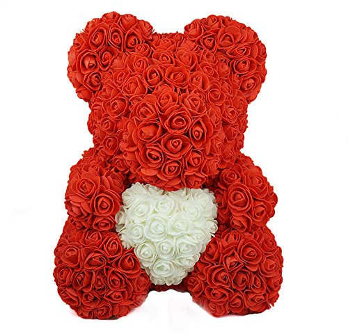 FeiWen Orso Fiore Rosa 10 Pollici Orsacchiotto di Peluche Fiori Artificiali Festa della Mamma, Anniversario con Acquazzone Nuziale con (Cuore Bianco Rosso)