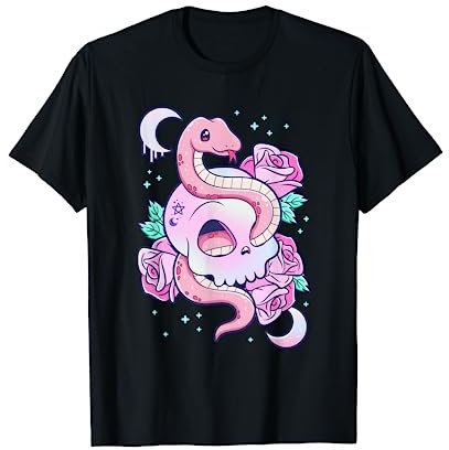 Kawaii Pastel Gothique Mignon Crâne Effrayant Serpent Roses T-Shirt