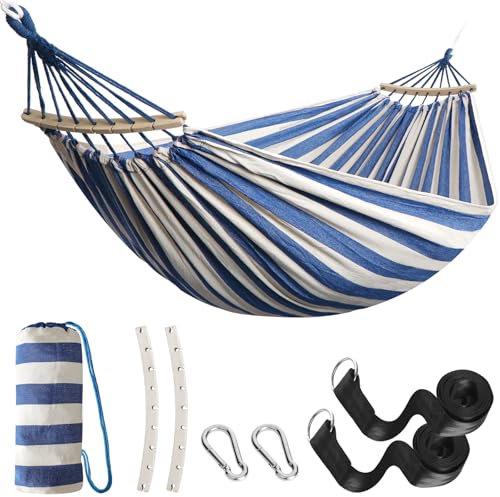 Anyoo Hamaca de Algodón para Jardín con Barra de Madera Curvada de 40 cm Hamaca Cómoda Portátil con Bolsa de Viaje Compacta, Patio Interior/Exterior