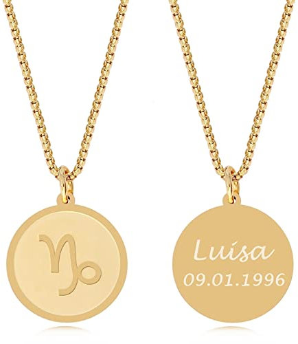 TIMANDO Damen Sternzeichen Kette Steinbock mit Gravur, Personalisierte Halskette mit Namen in goldfarben, Horoskop Anhänger, Geburtstagsgeschenk