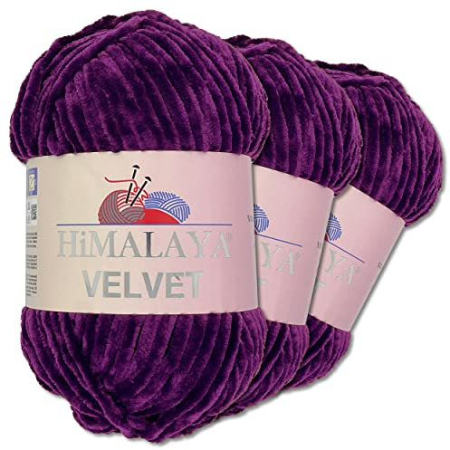 Wohnkult Himalaya 3 x 100 g Velvet Dolphin Wolle 40 Farben zur Auswahl Chenille Strickgarn Flauschwolle Glanz Accessoire Kleidung Decken (90028 | Lila)