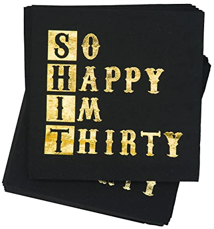 So Happy Im Thirty Servietten zum 30. Geburtstag, Schwarz,Gold Cocktail-Servietten zum 30. Geburtstag, Party-Dekorationen, Cheers to 30 Years, 5 cm, 50 cm) Packung)