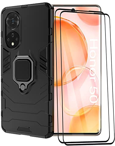 ESTH® Funda para Honor 50 con 2 Piezas Protector de Pantalla, Giratorio Soporte de 360°, Compatible con Soporte Magnético para Coche, Carcasa Negro