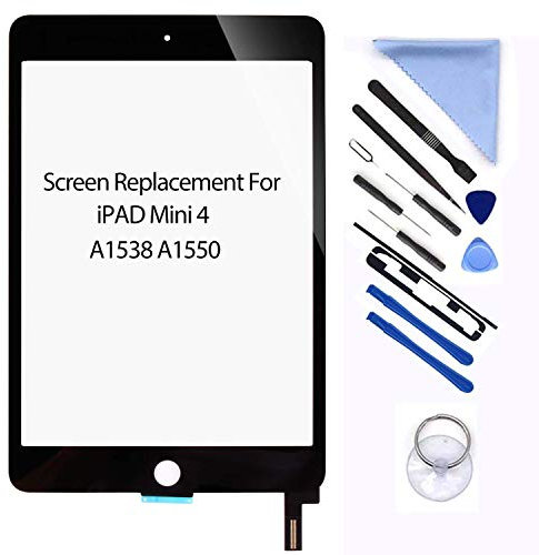 Neuer Bildschirmersatz für i Pad Mini 4 7,9 Zoll A1538 A1550 Digitizer Glas Touchscreen Ersatz und vorinstallierter Klebstoff mit Reparaturwerkzeug-Kit (ohne Home-Taste, ohne LCD)(Schwarz)