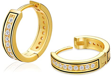 KRKC&CO Creolen Ohrringe S925 Silber 15mm, Unisex Iced Out Klappcreolen mit Zirkonia, 14K Gold beschichtet Huggie Ohrsteckers Schwarz, Antiallergisch, Geburtstag Geschenke für Damen Herren
