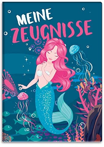 itenga Zeugnismappemit Motiv DIN A4 Dokumentenmappe Zeugnisse - für Kinder Jugendliche Schüler Mädchen (Meerjungfrau)