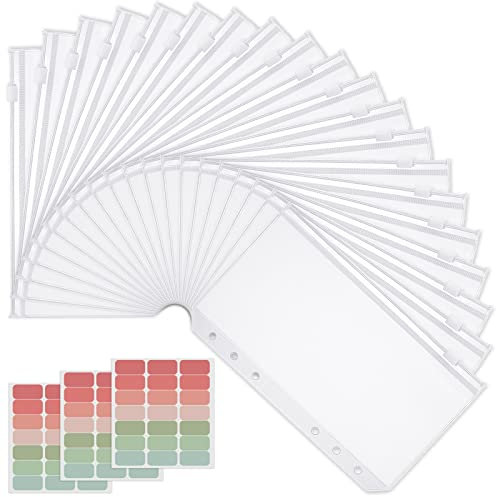 Zocipro A6 Binder Taschen, 20 Stück 6 Löcher Binder Reißverschluss Ordner, A6 Zipper Tasche Wasserdicht Geld Budget Umschläge PVC Transparent Loseblatt Taschen mit 3Pcs Ettiketten für Budget Binder