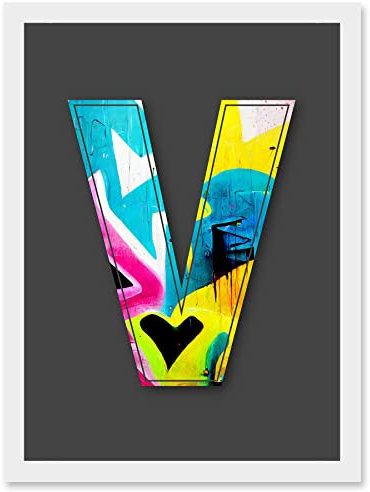 Wee Blue Coo Letter V Tagging Heart Decorative Graffiti Mural Alphabet Initial Stencil Artwork Framed Wall Art Print A4