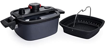 Woll Active Lite Kasserolle viereckig mit Active-Lite-Deckel und Silikoneinsatz, 22 cm x 22 cm, 9 cm hoch, 3,2 Liter, mit 2 Seitengriffen - Induktiv - Geeignet für alle Herdarten, Aluguss, anthrazit