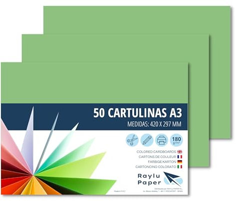RAYLU PAPER – Tonpapier A3, 50 Stück Kartonpapier 180g/m², 297 x 420 mm, professionelle farbige Kartons für Büro, Kopierpapier, Buntes Papier zum Basteln (Apfelgrün)
