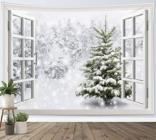 LB Wandteppich Winter Wandtuch Grüner Kiefernschneewald Wandbehang Natürliche Landschaft vor dem Fenster Tapisserie für Wohnzimmer Schlafzimmer Wohnheim Wanddeko,200x150cm