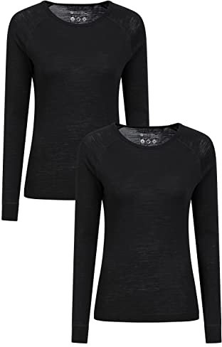 Mountain Warehouse Merino Womens Round Neck Top 2-Pack - Lightweight & Moisture Wick Breathable Baselayer - Best for Spring Summer, Outdoors, Travelling & Hiking Black (Multipack) Women's Size 14