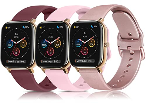 3 Pack Straps for GTS Strap GTR 42mm, 20mm Silicone Band for GTS 2 Mini, GTS 2, GTS 2e, GTS 3, Bip, Bip U, Bip U Pro (Wine red/Pink/Rose gold)