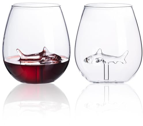 Softfree Weingläser Ohne Stiel mit Hai 2er Set, 500Ml Personalisiert Graviertes Rotweingläser, Lustig Besonderes Weinglas Geschenk für Hochzeit Vatertag Verschiedene Anlässe Geburtstag