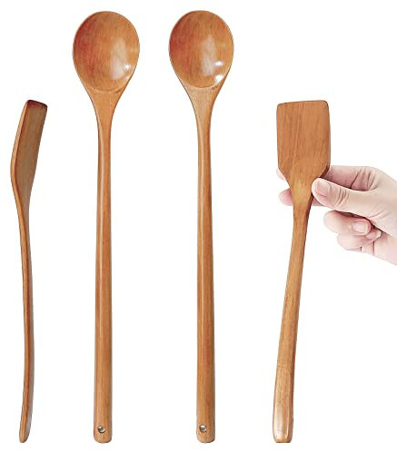 UPTALY 2 spatules en bois fin pour omelette (27 cm x 4,5 cm), 2 cuillères à mélanger à long manche (34 cm x 5 cm), bois massif naturel, petite spatule à œufs au plat, cuillère à mélanger étendue
