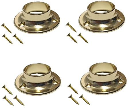 TERF® Polished Brass Curtain Wardrobe Rod Pole Holder Socket for Up to 25mm Diameter Curtain Rail Wall Mount Rod Pole Holder Shower Curtain Closet Lever Rail Socket with Fixing - Pack of 4