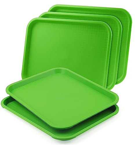 LEXININ 5 Pack 35 x 27cm Green Plastic Fast Food Trays, 13.7 x 10.6 Inch Rectangle Restaurant Plastic Food Serving Trays for Drinks