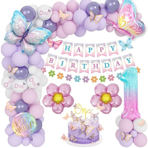 Deko 1. Geburtstag Mädchen, Rosa Lila Geburtstag Ballons, Erster Mädchen, Set mit Schmetterling Folienballons, Alles Gute Zum Banner, Nummer 1 Ballon, Schmetterling Aufkleber