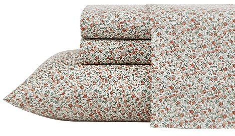 Laura Ashley - Queen Sheets, Cotton Percale Bedding Set, Crisp & Cool Home Decor (Emogene Burnt Orange, Queen)