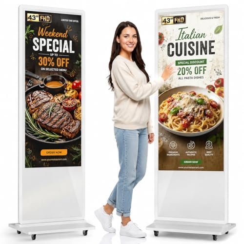 YCKJNB 43 Totem Pubblicitario Digitale FHD, 450 Nits Digital Signage Mobile con 4 Ruote, Display LCD Professionale 24/7, Android OS, Plug&Play USB/WiFi/HDMI, Ideale per Vetrine Negozi e Ristoranti