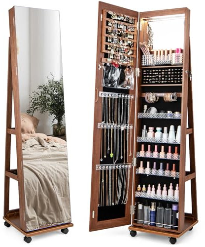 RELAX4LIFE Armoire à Bijoux à Roulettes 360º avec Miroir Pleine Longueur, Miroir sur Pied avec Rangement Bijoux, Éclairage LED, 5 Étagères Réglables pour Bague Bracelet (Brun)