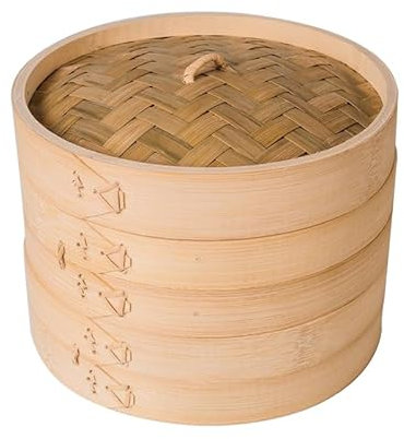 Vaporera de bambú de 20 cm, cesta de vapor de dos niveles, incluye tapa de bambú y 2 cestas de bambú, ideal para cocina asiática, bollos, albóndigas, verduras, pescado