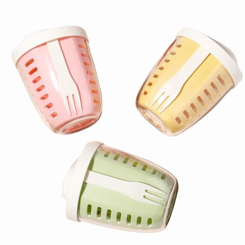 Portable Picnic Party Fruit Salad Storage Cup with Lids and Fork,20 Oz Fruit Storage Containers for Fridge with Removable Colander BPA-Free,Leak-Proof,Keep Fruits,Berry,Salad Fresh longer (pin+gre+ye)
