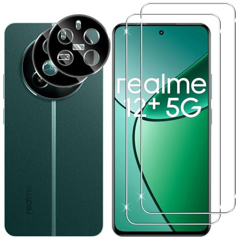 Lutree para Realme 12 Plus 5G/ Realme 12 4G (No 5G) Cristal Templado, 2+2 Piezas Protector de Pantalla+ Protector de Lente de Cámara (Negro), HD Vidrio Templado Película Protectora