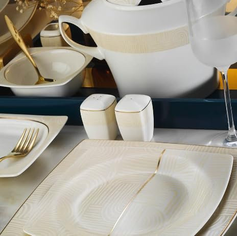 Vajilla completa y elegante Kütahya Porselen Hueso Mare de Porcelana Dorada- para 12 Personas - 62 piezas – Vajilla exclusiva