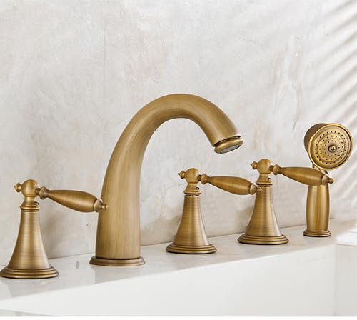 Waschtischarmaturen, Deck, 5 Löcher, antikes Messing, Badewannenarmatur, Handbrause, weit verbreitetes Badezimmer-Wasserhahn-Set, Wasserhahn (Farbe: Rojo),Tropfsicher