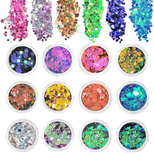 Chunky Glitter,12 Colors Face Glitter Nail Glitter Flakes,Holographic Cosmetic Festival Glitter for Face Body Eye Hair Nail Painting and DIY Art 