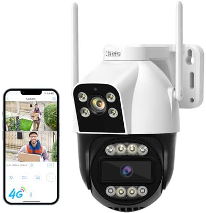 YoLuKe Telecamera di Sicurezza 4g con Doppio Obiettivo,Telecamera con SIM con Monitoraggio Automatico,Telecamera Senza Wifi con SIM 6X Zoom Ibrido,Visione Notturna a Colori,Audio,CamHi Pro