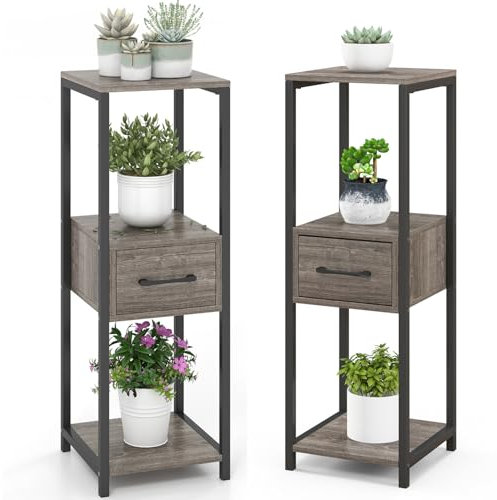 RELAX4LIFE Support de Plantes à 3 Niveaux, Étagère Vertical pour Jardinières avec 3 Etagères+1 Tiroir, Etagère de Rangement d'Angle Autoportante Moderne pour Salon Balcon, Gris (1,Tiroir central)