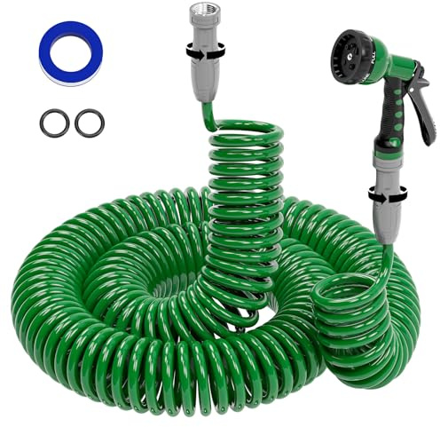 SPECILITE Leichter Spiralschlauch, 0,95 cm, 30 m, EVA-Wasserrohre mit 6 Sprühdüsen für Boot, Gewächshaus, Hof, Terrasse, Grün
