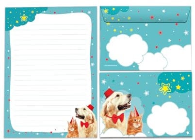 Briefpapier-Set Briefblock mit Umschlag für Mädchen Jungen Kindermotiv Katze und Hund Briefbögenblock liniert (Block A5 mit 25 Blätter + 15 Umschläge)
