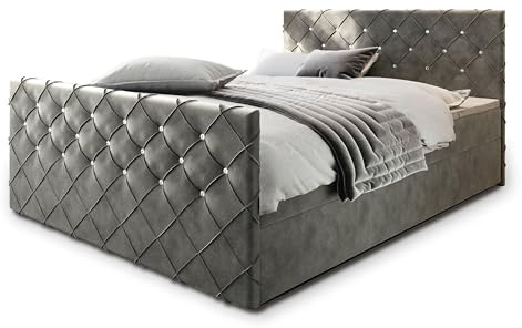 Masseno Boxspringbett Mandi 180x200 cm Komplett-Set mit Matratze und Topper, Polsterbett mit Zwei Bettkästen -Grau, Magic Velvet 2217