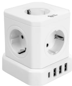 Spacetronik Steckdosenwürfel, Mehrfachsteckdose Würfel mit 5X AC, 3X USB-A & 1x USB-C, Überspannungsschutz, 4000W, Schalter, 2m Kabel, Kompakte Steckdosenleiste für Büro & Zuhause