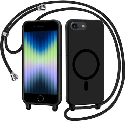 Coqinen Handyband für iPhone 7 / iPhone 8 Hülle mit Band, Magnetische Handyhülle Kompatibel mit iPhone SE, Necklace Silikon Case mit Kordel zum Umhängen Handy Schutzhülle mit Kette, Schwarz