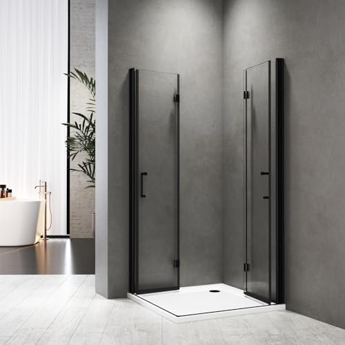Duschkabine 90x120 cm Falttür 180° Eckeinstieg Duschabtrennung Dusche Falttür 6mm Nano Beschichtung ESG Glas,Schwarz,Höhe 195 cm