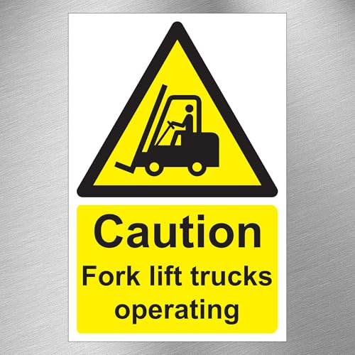 Caution Fork Lift Trucks Operating Warning Sign - 200mm x 300mm - Self Adhesive Vinyl