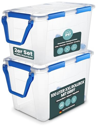 Kreher® Wasserdichte Aufbewahrungsbox Rollbox Transportbox (IP67) mit Deckel und Rollen. Aus robustem Kunststoff mit praktischen Transportgriff. 100 Liter Volumen. Staub- und Nässegschützt. (2)