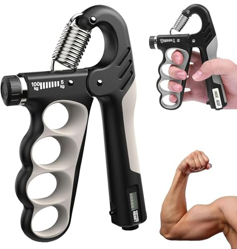 lomdung Allenamento Mani Rinforzatore per Mano, 5-100KG Hand Grip Resistenza Regolabile, Avambracci Attrezzi, Con Contatore Elettronico, per Allenamento Della Forza, Riabilitazione Mano (Grigio)