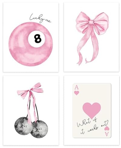 ZenithAura 4 Stücke Moderne Preppy Poster Rosa Schleife Wandkunst Zimmerdekoration Drucke 20X25 cm Ungerahmt Blassrosa Coquette Raum Ästhetik Disco 8 Ball Wanddekoration