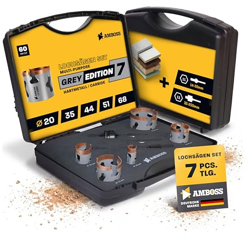 Lochsägen Set 7-tlg. HM Hartmetall Amboss Werkzeuge Grey Edition 20–83 mm – präzise für Holz, Gipskarton & Platten – Easy Eject, 5× schneller als Bi-Metall, langlebig nachschleifbar
