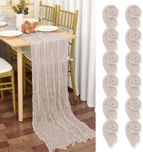 12 Stück Seihtuch Tischläufer Braun-Grau,55 x 300 cm Rustikaler Gaze Stoff Boho Tischläufer Käsetuch Tischdecke für Hochzeitsfeier Brautparty Tischdekorationmit(Mit Einem Hauch von Lila und Rosa